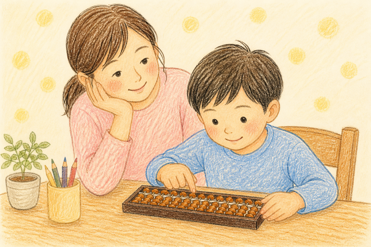 お母さんが見守る中でそろばんに取り組む子ども